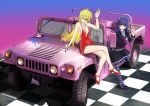  blonde_hair blue_eyes car checkered checkered_floor food green_eyes hair_ribbon hummer legs long_hair motor_vehicle multicolored_hair panty_&amp;_stocking_with_garterbelt panty_(character) panty_(psg) raybar ribbon see-through_(jeep) see-through_(psg) siblings stocking_(character) stocking_(psg) striped striped_legwear striped_thighhighs thigh-highs thighhighs tongue two-tone_hair vehicle wink 