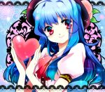 bow bust chigo food food_as_clothes fruit hat heart hinanawi_tenshi long_hair multicolored_eyes peach red_eyes smile solo touhou 