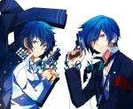  1girl 884 arisato_minato blue_eyes blue_hair digital_media_player evoker gun handgun headphones persaon_3 persona persona_3 persona_4 pistol reverse_trap revolver ribbon school_uniform shin_megami_tensei shirogane_naoto short_hair trap weapon 