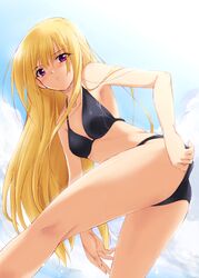  absurdres adjusting_swimsuit bikini bikini_pull blonde_hair christie_(fifteen_hounds) fifteen_hounds foreshortening hands highres kaiga kneepits long_hair purple_eyes solo swimsuit violet_eyes wet 