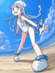  beach blue_eyes blue_hair bracelet fisheye hat ikamusume jewelry long_hair one-piece_swimsuit perspective shinryaku!_ikamusume solo swimsuit tentacle_hair umeboshitora 