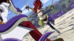  animated animated_gif battle brown_eyes cap cobra_(fairy_tail) cuberios_(fairy_tail) erza_scarlet fairy_tail gif hoteye long_hair lowres racer_(fairy_tail) red_hair redhead screencap snake sword weapon 