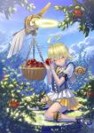  angel apple aro_(charged_time_out) bad_id basket blonde_hair closed_eyes cloud clouds corset eyes_closed food fruit halo original short_hair skirt sky solo tree wings 