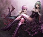  ass bare_shoulders bat blue_pantyhose boots breasts capcom cleavage crossed_legs darkstalkers demon_girl elbow_gloves fingerless_gloves gloves green_eyes green_hair high_heels large_breasts legs_crossed leotard lilith_aensland lipstick long_hair morrigan_aensland multiple_girls pantyhose pink_pantyhose print_pantyhose purple_hair red_eyes shoes short_hair siblings sitting succubus tetra_(pixiv) tetra_takamine vampire_(game) 