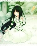  aohigeko black_hair bush closed_eyes dress dresssitting flower grass highres long_hair marchen sitting solo sound_horizon tsubaki_ki 