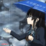  black_hair blue_eyes breasts highres hime_cut k-on! kouchou long_hair rain school_uniform solo umbrella 