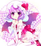  :&lt; alternate_costume bare_shoulders bat_wings chigo elbow_gloves gloves hat lavender_hair mary_janes red_eyes remilia_scarlet shoes short_hair solo thigh-highs thighhighs touhou white_gloves white_legwear white_thighhighs wings 