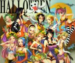 alvida annotated bat black_hair blonde_hair blue_hair boa_hancock bracelet breasts bubble_skirt camie candy cleavage conis crop_top earrings elbow_gloves ghost glasses gloves green_hair halloween himerinco horns jack-o&#039;-lantern jewelry jewelry_bonney jewelry_bonnie kaya_(one_piece) large_breasts lollipop long_hair marguerite mermaid midriff monster_girl moon multiple_girls nami navel nefertari_vivi nico_robin o-ring_top one_piece open_mouth orange_hair perona pink_hair profile pumpkin pumpkin_hair_ornament pumpkin_hat sideboob striped striped_legwear striped_thighhighs tashigi thigh-highs thighhighs very_long_hair