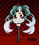  aqua_eyes aqua_hair character_name checkered checkered_background flower hand_on_chest hand_on_own_chest hand_to_chest hatsune_miku high_heels legs long_hair mary_janes shoes skirt stardrop thigh-highs thighhighs twintails very_long_hair vocaloid world_is_mine_(vocaloid) 