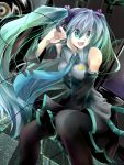  aqua_eyes aqua_hair detached_sleeves hatsune_miku kazanami long_hair microphone necktie open_mouth skirt solo thigh-highs thighhighs twintails very_long_hair vocaloid 