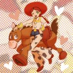  bullseye bullseye_(toy_story) cowboy_hat halftone halftone_background hat jessie_(toy_story) jessie_the_yodeling_cowgirl long_hair maron_(8059love) open_mouth pixar red_hair redhead toy_story western wink 