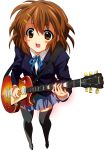  absurdres black_legwear black_thighhighs blush brown_eyes brown_hair guitar hair_ornament hairclip highres hirasawa_yui instrument k-on! looking_up open_mouth oyu_no_kaori pantyhose perspective plectrum school_uniform short_hair solo thigh-highs thighhighs transparent_background 