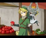  blonde_hair blue_eyes earrings food fruit gloves hanjuku_tomato hat helmet holding holding_fruit jewelry letterboxed link midna nintendo pointy_ears red_eyes smile the_legend_of_zelda twilight_princess 