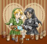  blonde_hair blue_eyes coffee dark_link dark_skin earrings edit5 elf fairy gloves hakobe_(ichiru) hat heart jewelry link milk morpha navi nintendo ocarina_of_time pointy_ears red_eyes striped striped_background the_legend_of_zelda 