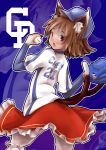  absurdres animal_ears bad_id baseball bloomers brown_hair cat_ears cat_tail chen chunichi_dragons clothes_writing highres kuuichi kuuichi09 looking_back multiple_tails nippon_professional_baseball short_hair solo tail touhou zoom_layer 