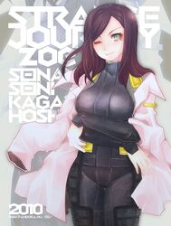  bodysuit breasts crossed_arms labcoat long_hair morino_papiko purple_hair shin_megami_tensei shin_megami_tensei:_strange_journey smile solo wink zoe_(strange_journey) 