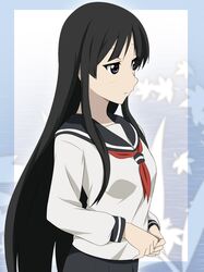  akiyama_mio alternate_costume black_eyes black_hair ikari_manatsu k-on! long_hair school_uniform serafuku solo very_long_hair 