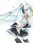  aqua_eyes aqua_hair ayto bad_id detached_sleeves garter_straps hatsune_miku headset long_hair necktie open_mouth simple_background skirt smile solo spring_onion thigh-highs thighhighs twintails very_long_hair vocaloid 