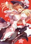  ;d adult apron bangs blonde_hair bow braid breasts bustier cleavage gloves hat high_heels highres holding_skirt invincible_marisa kirisame_marisa large_breasts long_hair looking_at_viewer new_super_marisa_land nokishita open_mouth pantyhose red_background running shoes simple_background skirt_hold smile solo star touhou waist_apron white_gloves wink witch witch_hat yellow_eyes 
