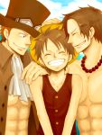  abs ariha brothers brown_hair closed_eyes eyes_closed family freckles goggles goggles_on_head grin happy hat male monkey_d_luffy multiple_boys one_piece pirate portgas_d_ace sabo_(one_piece) shirtless siblings smile straw_hat what_if 