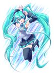  aqua_eyes aqua_hair armpits arms_up boots detached_sleeves hatsune_miku highres long_hair necktie nonosaki simple_background skirt solo thigh-highs thigh_boots thighhighs twintails very_long_hair vocaloid 