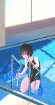  1girl amagami black_eyes black_hair competition_swimsuit guratan highres nanasaki_ai one-piece_swimsuit pool school_uniform short_hair solo swimsuit 