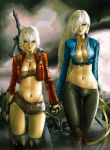  blue_eyes breasts cleavage dante dantewontdie devil_may_cry erect_nipples fingerless_gloves front-tie_top genderswap gloves hair_over_one_eye highres holding_hands long_hair midriff multiple_girls navel no_bra rebellion_(sword) short_hair short_shorts shorts siblings silver_hair skindentation sword thigh-highs thigh_gap thighhighs tied_shirt torn_clothes twins vergil weapon yamato_(sword) 