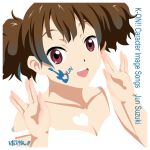  bare_shoulders breasts brown_eyes brown_hair cleavage cover dress face_paint facepaint guitar heart highres instrument k-on! kouchou short_ponytail simple_background smile solo strap_slip suzuki_jun twintails vulcan_salute 