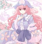  flower hand_on_chest hand_on_own_chest hat hitodama light_smile long_hair pink_eyes pink_hair saigyouji_yuyuko shin_(mintia000) solo touhou traditional_media 