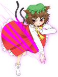  animal_ears brown_hair cat_ears cat_tail chen earrings fingernails footwear hat highres jewelry long_fingernails multiple_tails nail nails red_eyes short_hair socks tail touhou 