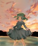  1girl :d bad_id blue_eyes blue_hair feet_in_water hair_bobbles hair_ornament hat highres kawashiro_nitori key open_mouth short_hair skirt skirt_lift sky smile solo sunset touhou twintails wading water 
