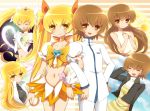  alternate_costume blonde_hair brown_eyes brown_hair cure_sunshine cure_sunshine_mirage dress dual_persona heart heart-shaped_pupils heartcatch_precure! kodamari long_hair magical_girl midriff multiple_persona myoudouin_itsuki navel orange_dress precure school_uniform short_hair super_silhouette_(heartcatch_precure!) symbol-shaped_pupils twintails yellow_eyes 