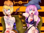  bandage bandages bikini_top blonde_hair blue_eyes crossed_legs elbow_gloves gloves hat heterochromia highres kagamine_rin legs_crossed long_hair megurine_luka midriff multiple_girls navel pink_hair rate-rt red_eyes short_hair sitting smile tattoo tongue vocaloid witch_hat 