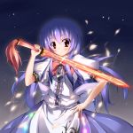  blue_hair bow dress embers hand_on_hip highres hinanawi_tenshi long_hair midori_shinzo midoriiro_no_shinzou night petals red_eyes smile solo star sword sword_of_hisou touhou weapon 