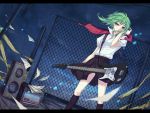  amplifier bad_id bass_guitar chainlink_fence fence green_eyes green_hair gumi instrument letterboxed looking_down natsuki0910 night night_sky school_uniform sheet_music short_hair sky solo speaker tape vocaloid wind 