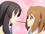  akiyama_mio blush eye_contact fujirin ga-rei ga-rei_zero hair_ornament hairclip highres hirasawa_yui k-on! lips look-alike lookalike looking_at_another mouth_hold multiple_girls parody pocky pocky_kiss school_uniform shared_food sparkle yuri 