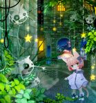  animal_ears boots bow cat_ears ghost green_eyes hair_bow highres moonyan original pink_hair plant short_hair sky solo stairs star tail 