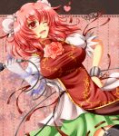  archienemy bandages breasts bun_cover chain chinese_clothes cuffs double_bun flower garter_straps heart ibara_kasen ibaraki_kasen iyuuki microphone pink_hair pink_rose red_eyes rose short_hair solo tabard touhou wink 