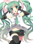 alternate_costume amamine belt blush elbow_gloves gloves green_eyes green_hair hands_on_headphones hatsune_miku headphones headset long_hair navel necktie open_mouth simple_background solo thigh-highs thighhighs twintails very_long_hair vocaloid 