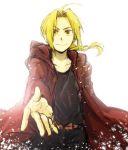  belt blonde_hair boy coat collarbone edward_elric fullmetal_alchemist hands hood ponytail simple_background smile solo tsukuda0310 yellow_eyes 