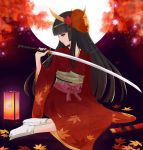  footwear hair_ornament hannya highres hinomoto_oniko horns japanese_clothes katana kimono leaf long_hair mask moon nuko_(mikupantu) open_mouth original sitting socks solo sword weapon 