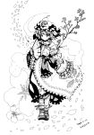  1girl branch cherry_blossoms fan flower hat japanese_clothes monochrome mosho petals saigyouji_yuyuko short_hair solo touhou 