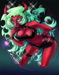  demon_girl demon_tail demon_wings green_eyes green_hair horns long_hair panty_&amp;_stocking_with_garterbelt red_skin scanty scanty_(psg) solo tail wings 