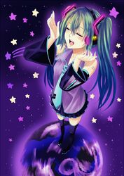  bad_id closed_eyes detached_sleeves eyes_closed foreshortening green_hair harutsuge hatsune_miku long_hair necktie open_mouth skirt solo thigh-highs thighhighs twintails vocaloid 