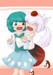  animal_ears blue_hair detached_sleeves geta hat heterochromia inubashiri_momiji multiple_girls nisshisshi open_mouth short_hair smile tail tatara_kogasa tokin_hat touhou white_hair wolf_ears wolf_tail 