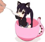  animal_ears black_eyes black_hair cat_ears chibi cup feeding girl_in_a_cup in_container in_cup jinroku k-on! long_hair minigirl nakano_azusa school_uniform solo spoon twintails 