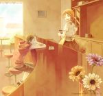  cafe closed_eyes coumori cup eyes_closed flower grin hoodie monkey_d_luffy nami one_piece plate smile stool 