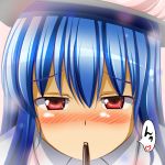  blue_hair blush hat highres hinanawi_tenshi long_hair peach pocky red_eyes serikaserika solo touhou 