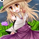  artist_request blonde_hair flower frog hat highres leaf moriya_suwako open_mouth rain skirt smile touhou yellow_eyes 