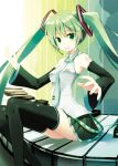  bare_shoulders black_legwear black_thighhighs detached_sleeves green_eyes green_hair hatsune_miku headset instrument long_hair necktie open_mouth piano renee sitting smile solo thigh-highs thighhighs twintails very_long_hair vocaloid zettai_ryouiki 